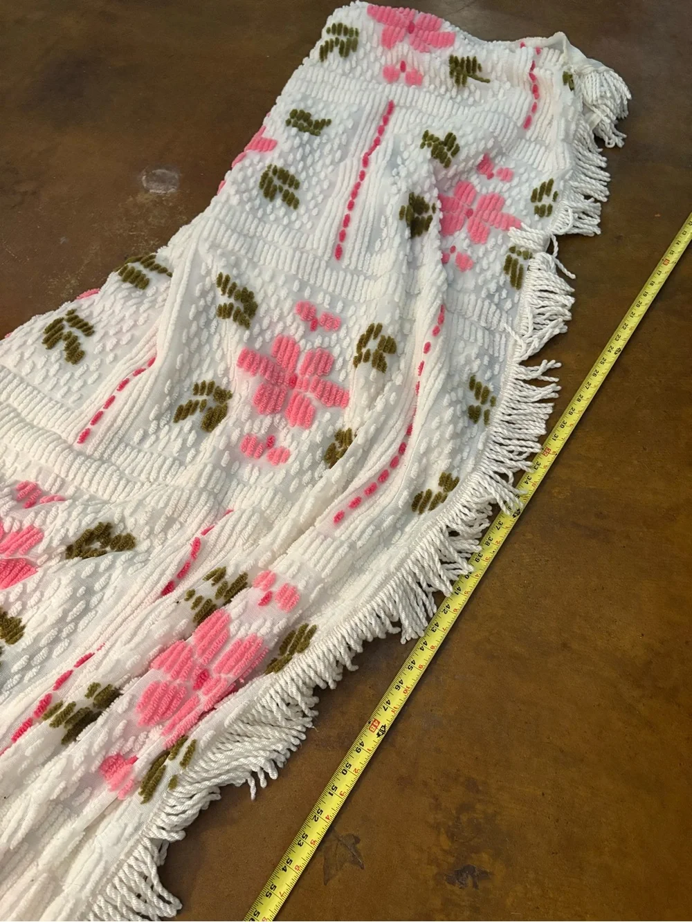 White Chenille Throw Blanket with Pink Floral Pattern